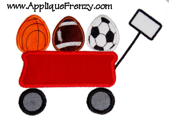 Red Wagon with Sports Ball Eggs Applique Design-egg, easter, sports, ball, wagon