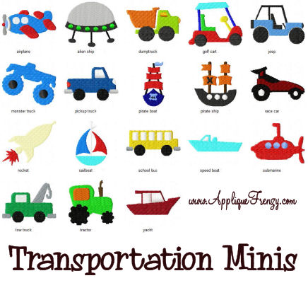 Transportation MINIS Embroidery Designs-car, boys, train, ship, boat, jeep, sailboat, minis, tiny, monster truck, truck, dumptruck,transportation