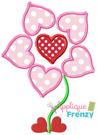 Heart Flower Two Applique Design-valentine, hearts, red, love, feb 14, love day, lovebirds, heart flower, heart, flower, heart stem