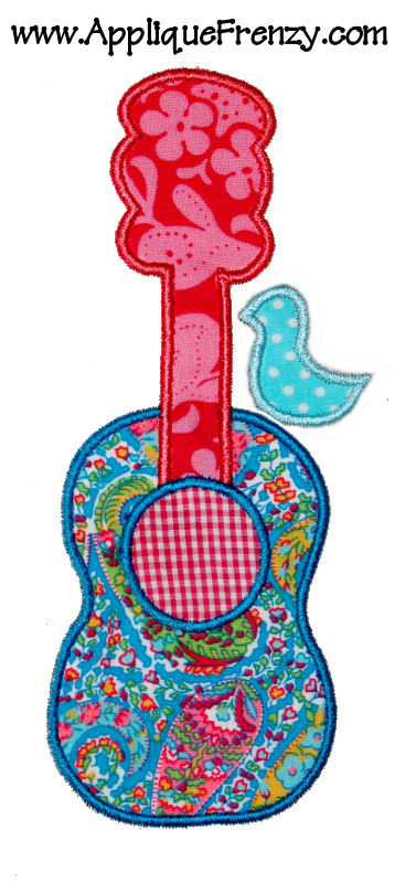Guitar Bird Applique Design-guitar, bird, trendy, whimsical, fun,music